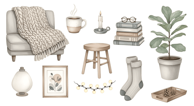 Cozy Home Illustration Featuring Cup, Candle, Books and Armchair Isolated on Transparent Background png