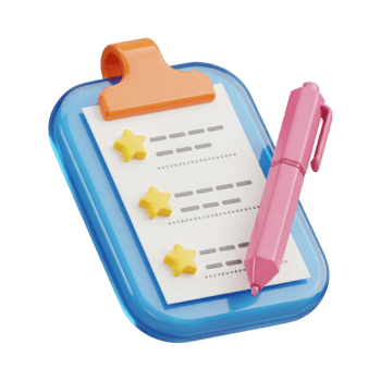 A 3D glossy blue clipboard with a checklist featuring stars and a pink pen for task management. png