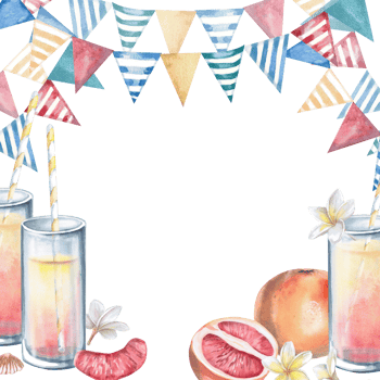 Square frame with glasses of juice, grapefruit and festive flags. Isolated watercolor illustration on the theme of a party for restaurant menu design, interior, poster printing png