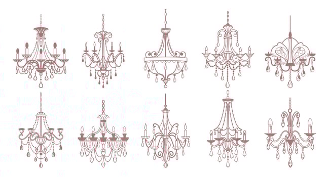 Collection of various pink chandeliers. Hand drawn illustration of antique crystal chandeliers. Sketch drawing. vector