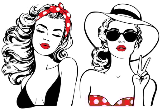 Vintage Style Fashion Illustration of Two Women in Retro Attire vector