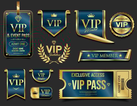 VIP and premium emblem and badges blue and gold color isolated on black background vector