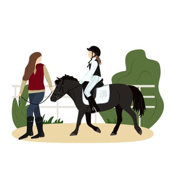 illustration of equestrian sport in flat style. The girl is riding a pony. Woman leads the horse under the knots. Realistic image. Horseback riding. Horse riding lessons vector