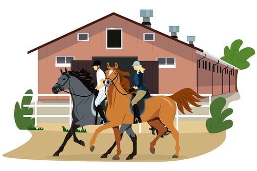 illustration of equestrian sport in flat style. Stable. A man and a woman are riding horses. Realistic image. Horseback riding. Horse riding lessons vector