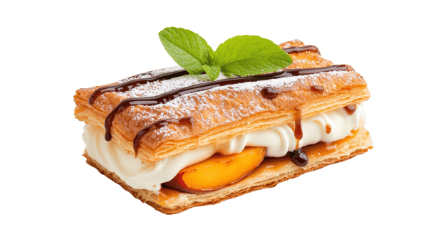 Peach and Cream Puff Pastry Dessert with Chocolate Sauce png