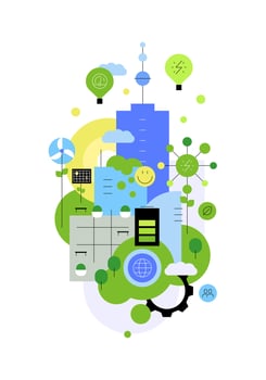 Modern smart friendly city. Urbanism, sustainable lifestyle and neutral energy vector
