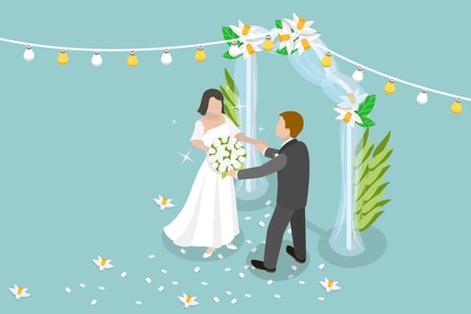 3D Isometric Flat Illustration of Wedding, Married Couple with Floral Decoration vector
