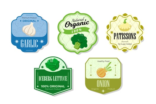 Different retro vegetables banner and labels. Packaging tags with garlic, patissons, iceberg, onion. Set of seasonal vegetables labels stickers and marks or badges template for packaging vector