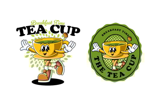 green tea cup with tea bag retro cartoon character mascot illustration with dancing pose and happy face for herbal product, plantation, grocery, health food, cafes mascots and merchandise vector