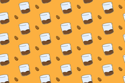 glass of coffee with coffee bean colorful seamless pattern on yellow background. coffee grain with coffee glass doodle seamless pattern background for cafes, beverage, roastery, restaurant vector