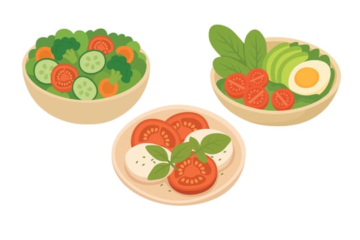 Three colorful salad dishes with vegetables, egg and cheese, flat cartoon style illustration. vector