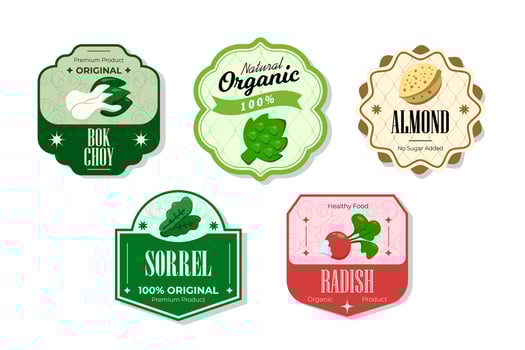 Different retro vegetables banner and labels. Packaging tags with bok choy, sorrel, almond, radish. Set of seasonal vegetables labels stickers and marks or badges template for packaging vector