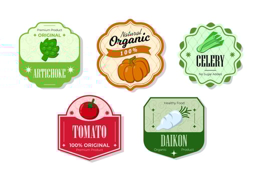 Different retro vegetables banner and labels. Packaging tags with daikon, tomato, artichoke, celery. Set of seasonal vegetables labels stickers and marks or badges template for packaging vector