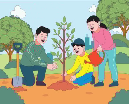 Flat cartoon style illustration of family with children planting a tree in a city park for World Environment Day. Ideal for themes of sustainability, urban green space, and eco lifestyle vector
