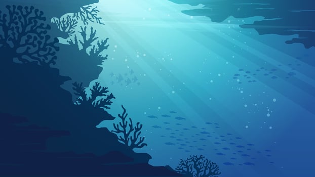 Ocean Underwater Background - Deep the sea scenery illustration wallpaper with coral reef, fish and shinny blue water vector