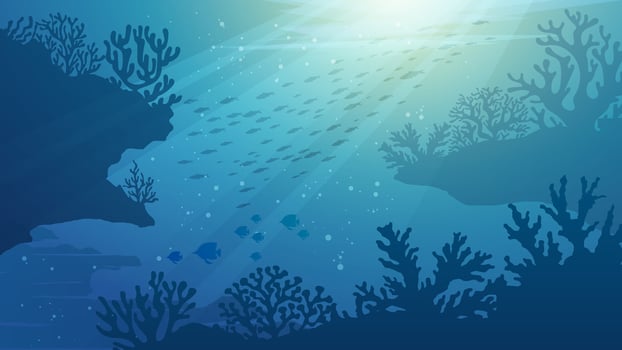 Ocean Underwater Background - Deep the sea scenery illustration banner with coral reef, fish and shinny blue water vector