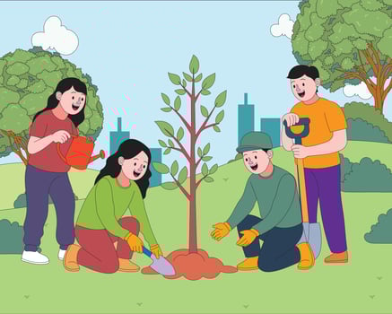 Cartoon flat illustration of adults planting a young tree in nature for World Environment Day. Promotes teamwork, sustainability, and environmental awareness through group eco activity vector