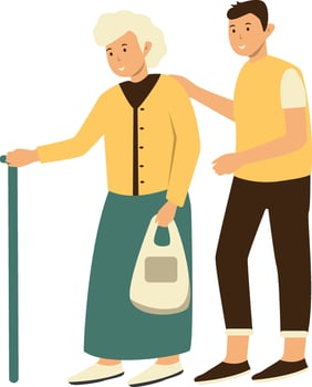 Volunteer Man Taking Care about Old People in Flat Design. vector