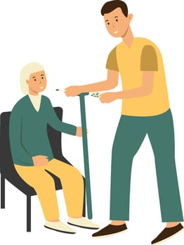 Volunteer Man Taking Care about Old People on White Background vector