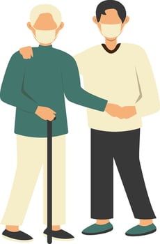 Volunteer Man Taking Care about Old People. Isolated on White Background, vector