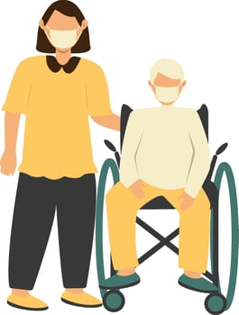 Volunteer Woman Taking Care about Old People in Cartoon Design. vector