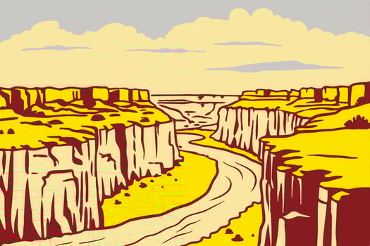A drawing of a canyon with a river running through it vector