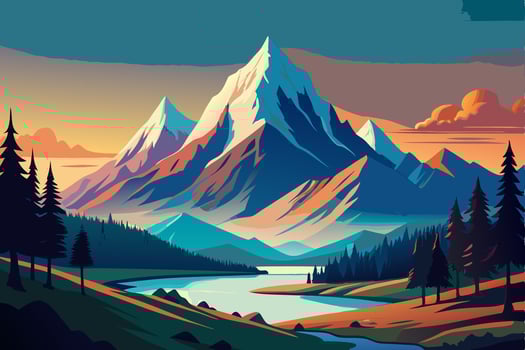 A painting of a mountain landscape with a river vector