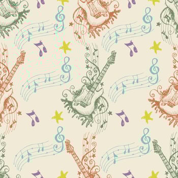 Seamless pattern with hand-drawn electric guitars and musical notes vector
