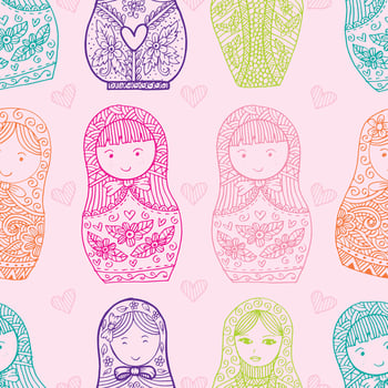 Seamless pattern of hand-drawn matryoshka dolls with hearts and floral details vector
