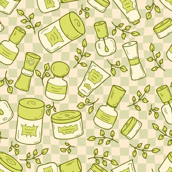 Groovy style cosmetic jars with green leaves seamless pattern on checkered background. Perfect print for label, sale, card, textile. Hand drawn illustration. vector
