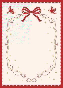 Red ribbon frame with birds and gold stars on elegant cream background vector