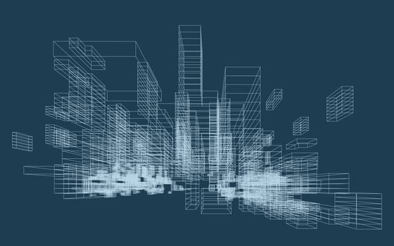 Abstract geometric wireframe in linear style. Matrix cubes pattern background for architectural template design. Schematic design idea of box and space. illustration. vector