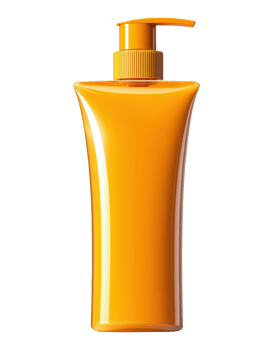 Bright orange pump bottle for sun lotion cream, isolated on a transparent background png