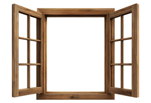 Traditional wooden window frame with multiple glass panes in open position, isolated on a transparent background png