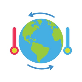 Colorful Earth with hot and cold thermometers, symbolizing climate and global warming effects. vector