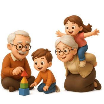 Joyful Grandparents and Children Enjoying Playtime with Toys png