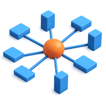 Simple 3D Network Diagram with Central Node and Connecting Blocks png