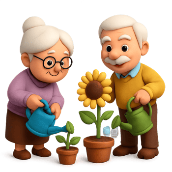 Elderly Couple Nurturing Plants in a Vibrant Garden Setting png