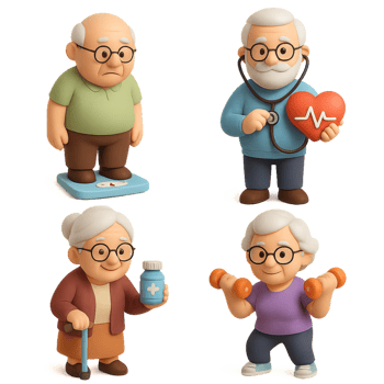 Senior Health Characters Depicting Care and Wellness in Simple Style png