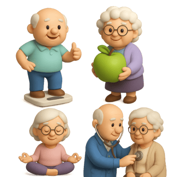 Engaging Senior Health Focus with Caring Characters and Activities png
