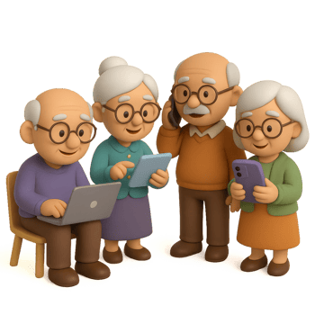Elderly Embracing Technology with Happy Expressions and Devices png