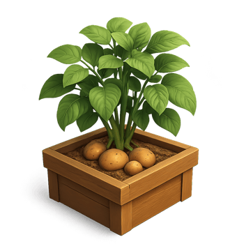 Fresh Potato Plant Growing in Rustic Wooden Box Display Garden png