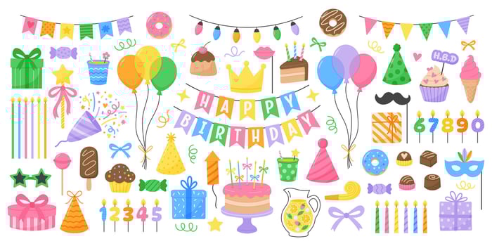 Happy birthday party elements including balloons, candles, gifts, cakes, and festive decorations on white background. Hand drawn flat illustration vector
