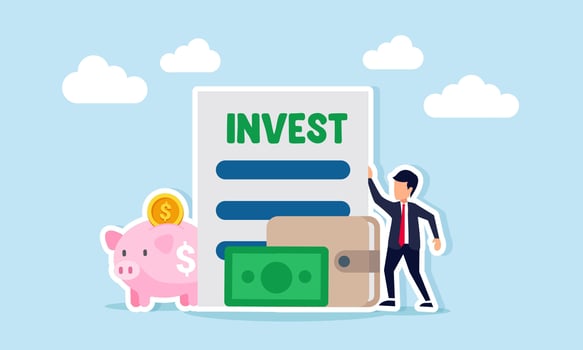 Businessman standing beside wallet piggy bank and document paper labeled invest illustration of financial report from investment assets vector