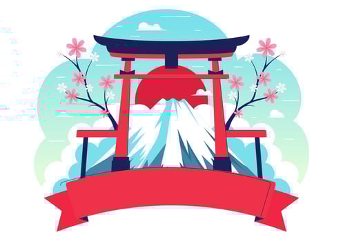 Scene of Mountain Day in Japan with Mount Fuji Landscape and Flowering Cherry Trees vector