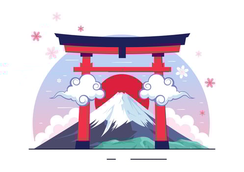 Flat Cartoon of Japanese Mountain Day with Mount Fuji and Pink Sakura Flowers vector