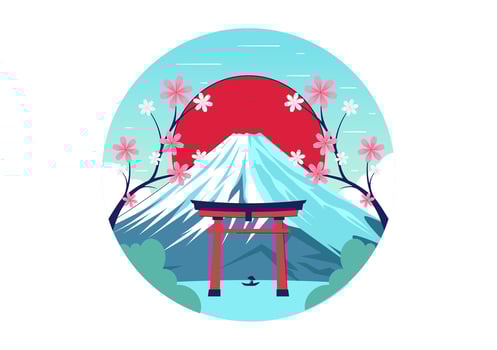 Illustration of Japan's Mountain Day with Mount Fuji, Sakura Flowers, and Blue Sky vector