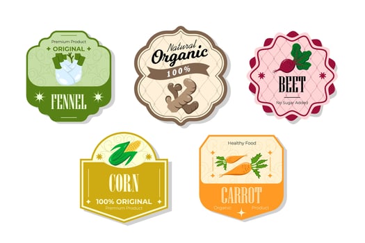 Different retro vegetables banner and labels. Packaging tags with fennel, corn, carrot, beet. Set of seasonal vegetables labels stickers and marks or badges template for packaging vector