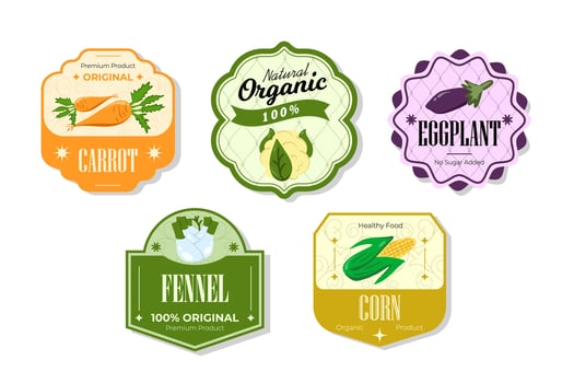 Different retro vegetables banner and labels. Packaging tags with corn, fennel, eggplant, carrot. Set of seasonal vegetables labels stickers and marks or badges template for packaging vector