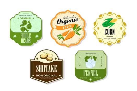 Different retro vegetables banner and labels. Packaging tags with fiddleheads, shiitake, fennel, corn. Set of seasonal vegetables labels stickers and marks or badges template for packaging vector